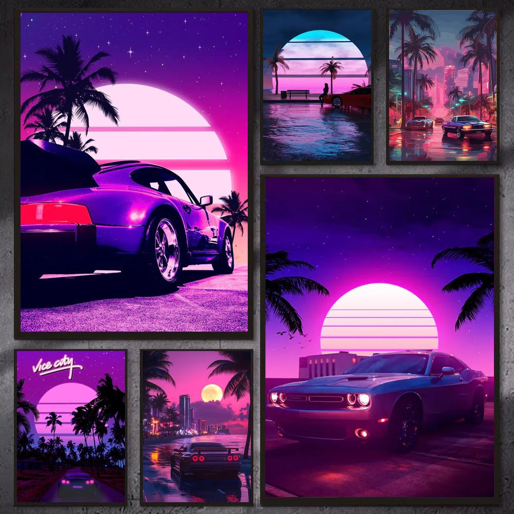 사이버 펑크 80년대 레트로 자동차 도시 포스터 현대적 - Retro Gaming Aesthetic 리뷰 및 가격